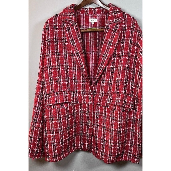 POL Red Tweed Blazer Plaid Print Relaxed Fit - Picture 14 of 16